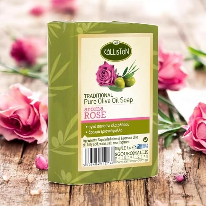 Kalliston, Rose Soap with Pumice Stone, Olive Oil soap, gentle exfoliation and moisturizing, made in Greece, Pack of 4