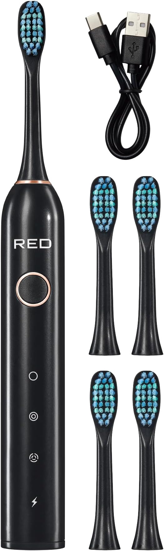 Red by Kiss Hypersonic Ultra Powerful Electric Toothbrush – 3 Cleaning Modes, Gum Care Protection, 75-Day Battery, USB-C Fast Charging, Waterproof IP67, with Extra Brush Head Set (Black)