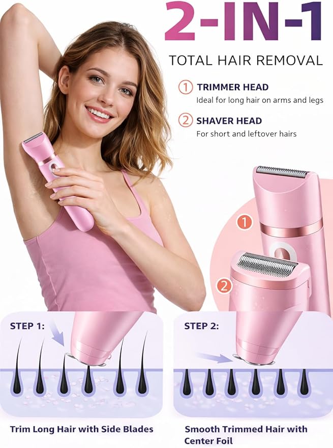 Women's Bikini Trimmer, Electric Shaver, Dual Head Electric Razor, Two-in-One Women's Body Shaver, and Ipx67 Waterproof Wet & Dry Use Body Hair Trimmer (Pink)