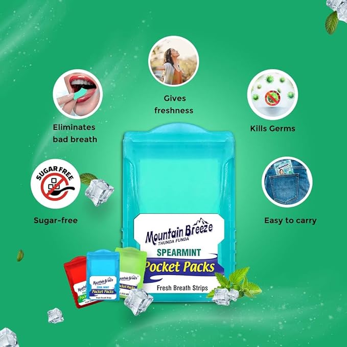 Mountain Breeze Oral Hygiene Mouth Freshener Sugar Free Spearmint Flavoured Breath Strips(24 Strips Each Cassatte)-Pack Of 1(3 Cassette), 50 Grams