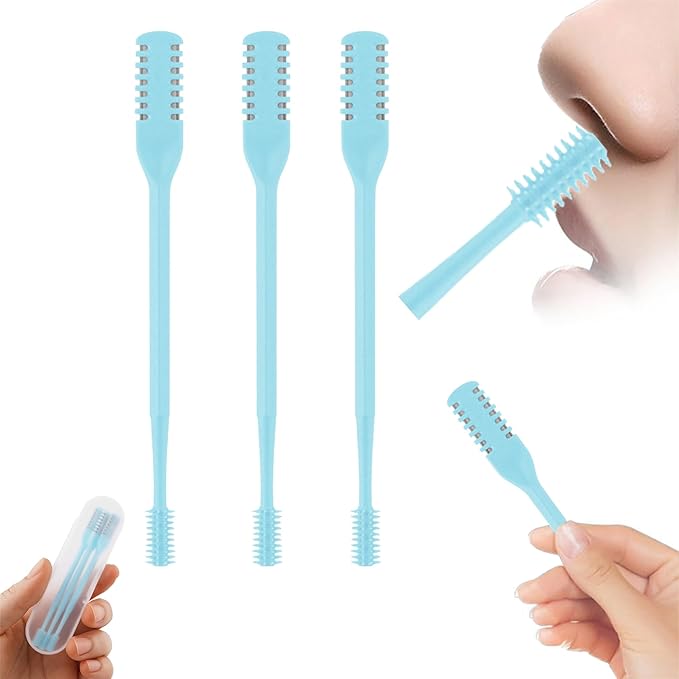 3 Pcs 2-in-1 Nasal Hair Trimmer Set, 360° Rotating Double-Sided Nose & Ear Hair Cutter for Men & Women, Portable Nostril Grooming Tool with Soft Cleaning Brush(Blue)