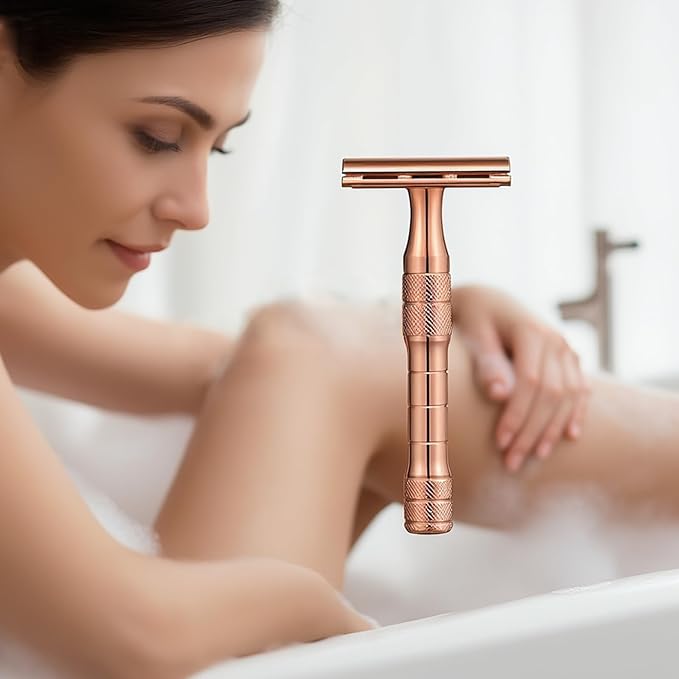 Elegant Rose Gold Safety Razor for Women–Vintage Double Edge Razor with 10 Swedish Blades, Stainless Steel Handle, Gift Box Set by Echolly (Solar Crown)