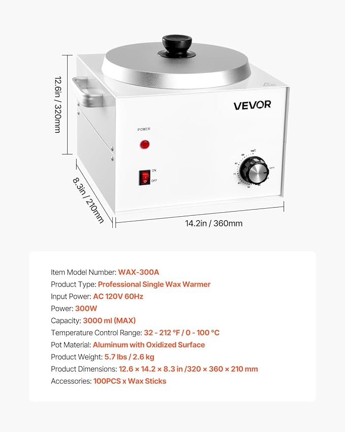 VEVOR Single Pot Wax Warmer, 3000ML 300W Professional Wax Warmer for Hair Removal, 32 ℉ - 212℉ Adjustable Electric Waxing Heater with 100PCS Waxing Sticks for Home Use, Beauty Salon, Spa
