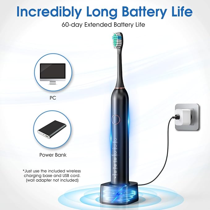 Electric Toothbrush, Sonic Type for Adults & Teens, 8 Brush Heads, Travel Case, 6 Modes, 40000 VPM Electric Motor, IPX7 Waterproof, 2 Minutes Timer, Wireless Charging, One Charge for 100 Days (Black)