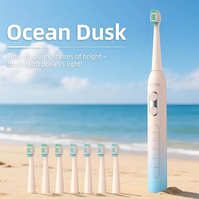 YUNCHI Sonic Electric Toothbrush, Electric Toothbrush for Adults and Kids, Rechargeable Battery Toothbrushes, 4 Brush Heads, 2 Min Timer, IPX7 Waterproof, 5 Modes, Blue Yellow Gradient
