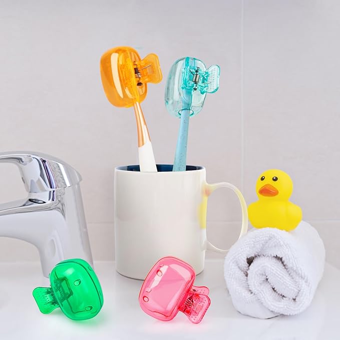 4 Pack Travel Toothbrush Head Covers Toothbrush Protector Cap Brush Pod Case Protective Portable Plastic Clip for Household Travel, Bathroom, School, Camping, Business (Green, Teal, Orange, Pink)