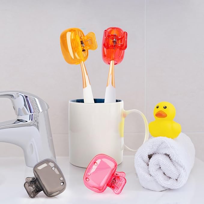 4 Pack Travel Toothbrush Head Covers Toothbrush Protector Cap Brush Pod Case Protective Portable Plastic Clip for Household Travel, Bathroom, School, Camping, Business (Grey, Red, Orange, Pink)
