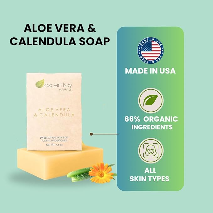 Aspen Kay Naturals Aloe Vera & Calendula Soap, Natural & Organic Ingredients, Organic Aloe Vera, Calendula & Turmeric Soap. Use for Face & Body. for Men, Women & Teens. Gentle Face Wash. 4.5 oz Bar