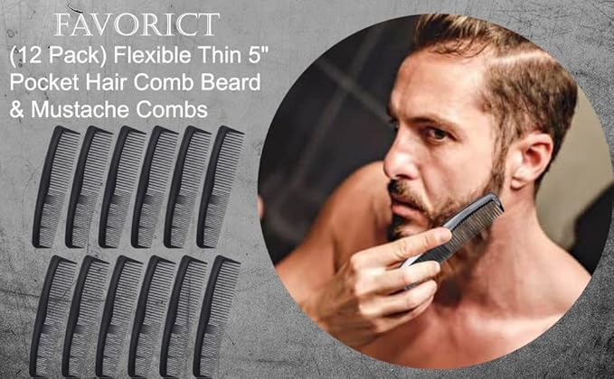 Favorict (12 Pack) Flexible Thin 5" Pocket Hair Comb Beard & Mustache Combs for Men's Hair Beard Mustache and Sideburns (Black)