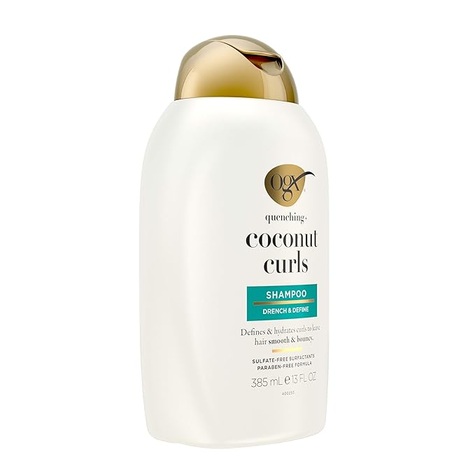 OGX Quenching + Coconut, Curl-Defining Shampoo, Hydrating & Nourishing Curly Hair Shampoo with Coconut Oil, Citrus Oil & Honey, Paraben, Sulfate-Free Surfactants, 13 floz