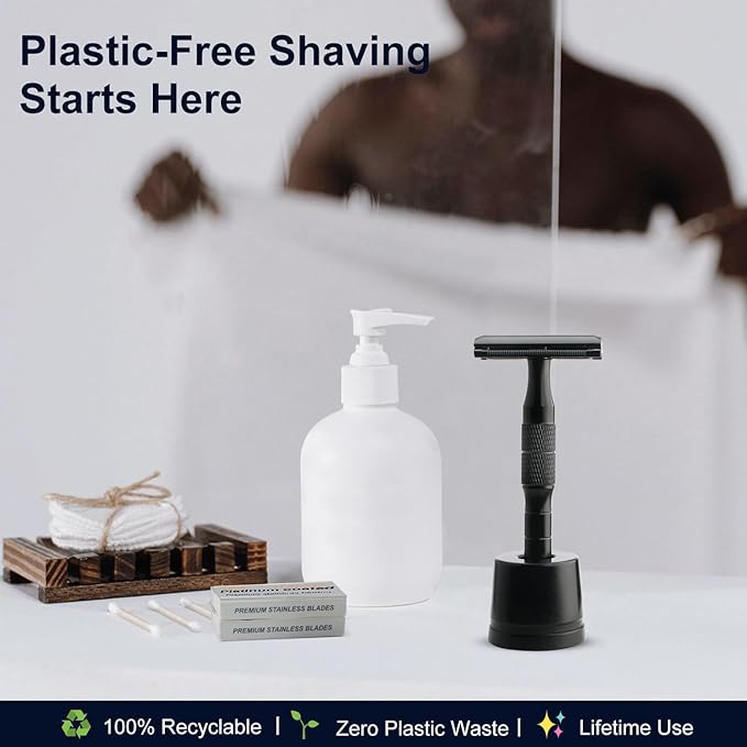 Matte Black Double Edge Safety Razor with Stand, Single Blade Razors for Men and Women, with 10 Safety Razor Blades, Smooth and Close Shave