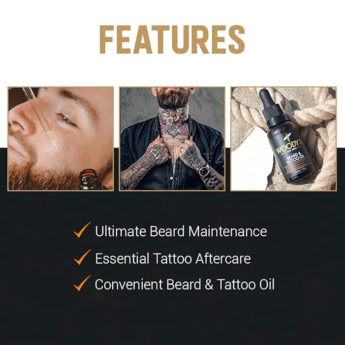 Woody's Tattoo & Beard Oil for Men - Mens Beard Oil, Hydrating Facial Hair & Skin Moisturizer, Enhances Beards Growth & Tattoo Vibrancy, 1 fl oz