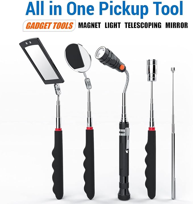 Telescoping Magnetic Pick Up Tool with 1lb& 15lb Pickup Rod, Round& Square 360 Swivel Adjustable Inspection Mirror, Flexible LED Flashlight, Cool Gadget Valentines Day Gifts for Him, Men, Teen Boys