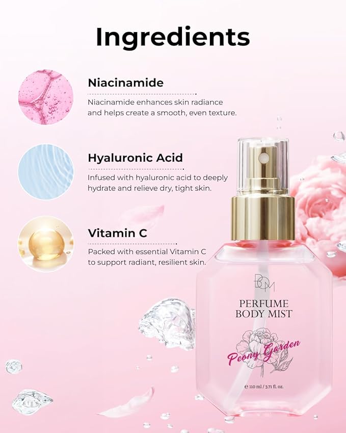 BOM Peony Garden Perfume Body Mist 3.71 Fl Oz, Floral Scented Fine Mist with Hyaluronic Acid, Niacinamide & Vitamin C, Hydrating, Lightweight Body Perfume, Long-Lasting Fragrance, Korean Skincare