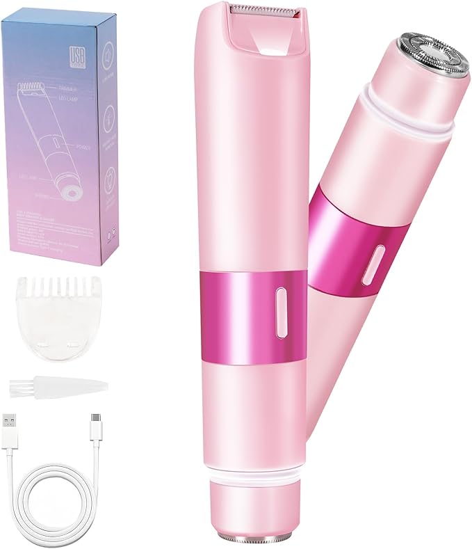 Bikini Trimmer for Women, 2 in 1 Electric Razor with LED Light, Rechargable Dual Head Electric Shaver Body Hair Remover, Painless Wet/Dry Use for Women Girls Travel