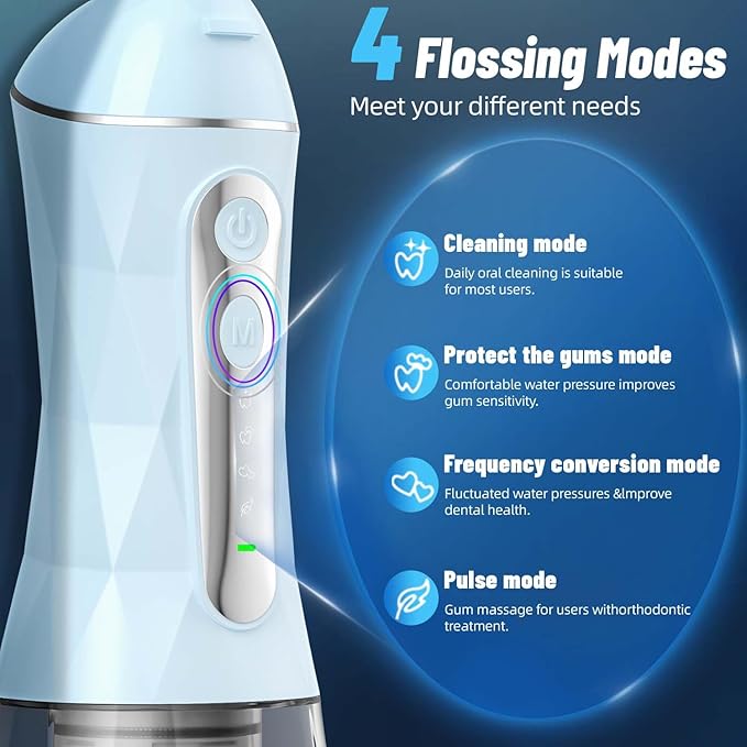 Water Dental Flosser Pick for Teeth Portable Oral Irrigator Rechargeable Travel Irrigation Cleaner 320ML Electric Flossing, IPX8 Waterproof, Waterproof Flossing Cleaning Picks for Home Travel (Blue)