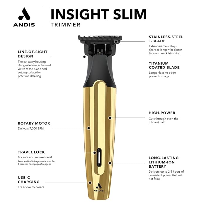 Andis 562442 Insight Slim Cordless High Powered Rotary Motor Hair Trimmer, 9-Piece Kit, Stainless-Steel T-Blade, Lithium-Ion Battery, Travel Lock, Gold