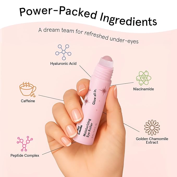 grace & stella Under Eye Brightener with Rose Quartz Rollerball - Hyaluronic Acid & Caffeine Under Eye Serum for Dark Circles & Puffiness - Gifts for Women, Travel Size Toiletries (15ml / 0.51floz)