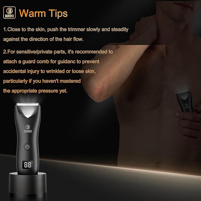Favrison Body Hair Trimmer for Men, Electric Ball Trimmer with Ceramic Blade, Waterproof Pubic Groin Hair Trimmer for Mens Grooming Kit with LCD Display & Recharge Dock (Black)