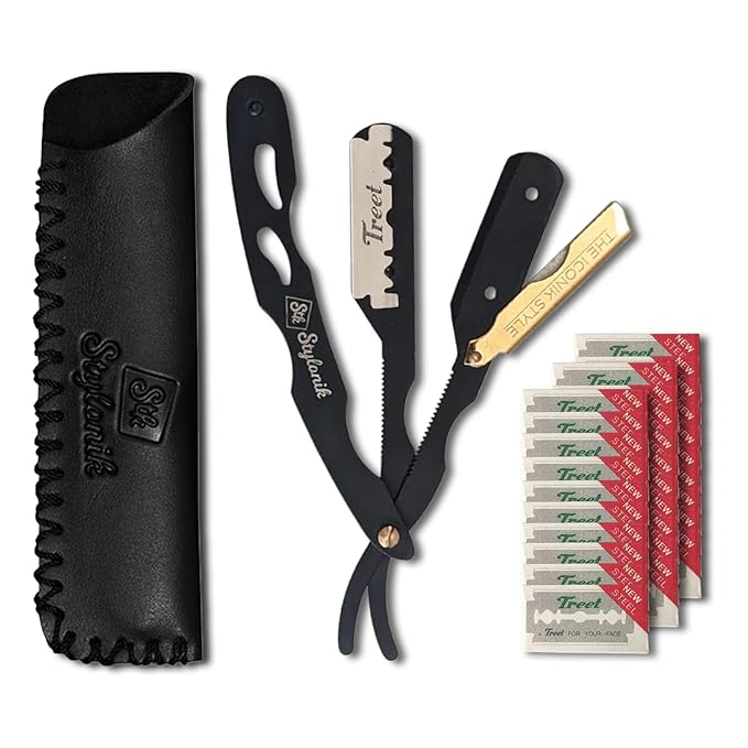 Professional Straight Edge Barber Razor – 60 Single/30 Double-Sided Stainless Steel Blades for Men & Women, with Leather Case (Gold)