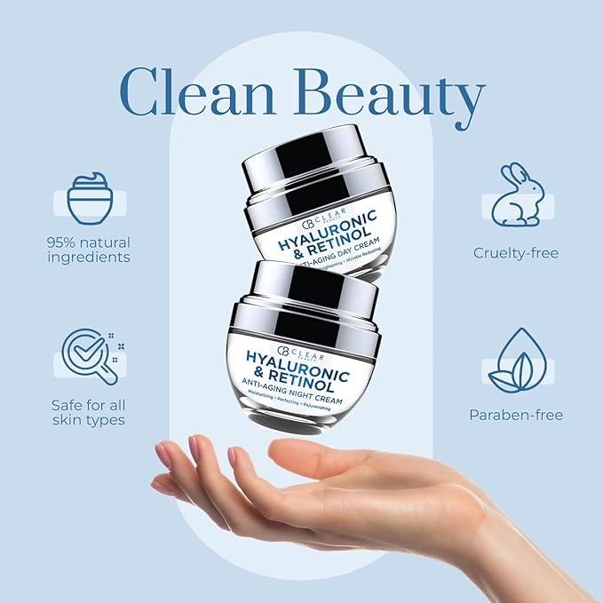Clear Beauty Hyaluronic Acid & Retinol Face Moisturizer - Dermatologist Tested, Anti Aging, Korean Skin Care – Day And Night Hydration, Smooths Fine Lines, Firms Skin – Vegan, Clean – Duo Pack