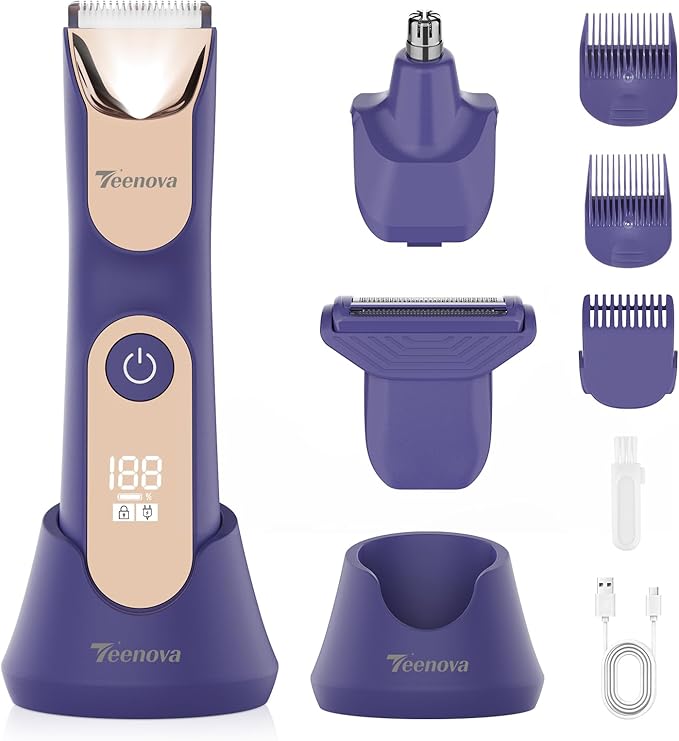Electric Body Hair Trimmer Shaver - 3 in 1 Pubic Trimmer for Men - Bikini Trimmer for Women - No Nick Groin Ball Razor with Ceramic Blade Head, Wireless Dock Charging (Purple)