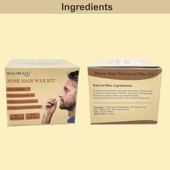 Nose Wax Kit Men Women, Bouvetan Nose Hair Waxing Kit with 100g Nose Hair Wax Beads (15-20 USES), 20 Applicator, 15 Mustache Protector, 10 Paper Cups, 1 Measuring Cup - Easy and Quick, Instant
