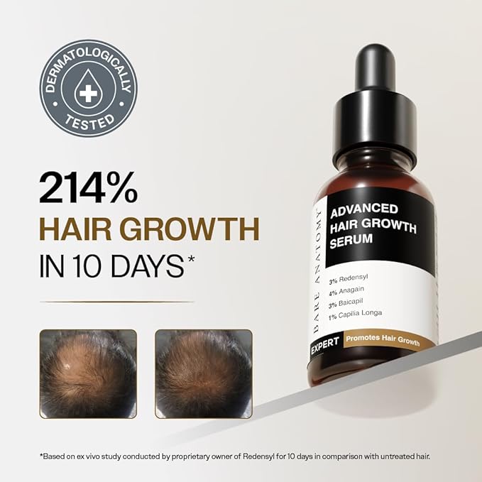 Bare Anatomy Advanced Hair Growth Serum| 3% Redensyl - 2x Better Results than Minoxidil | +4% Anagain + 3% Baicapil | Rosemary, Biotin | Hair growth & Hair fall control serum for Women Men | Pack of 3