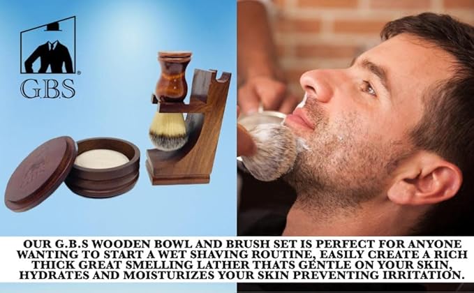 G.B.S GENTS Men's Wood Shaving Bowl & Shave Brush Set – Premium Shaving Kit with Stand, Synthetic Shave Brush & Signature All Natural Soap – Grooming Gift for Men,Wet Shaving Essentials