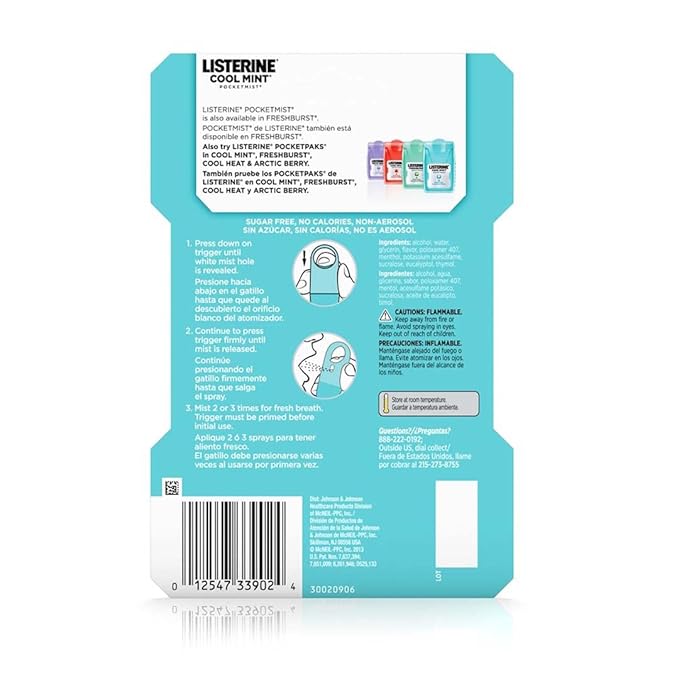 Listerine Mouthwash Pocketmist, Cool Mint | Portable Spray | Sugar-Free | Kills 99% of Germs | Fresh Breath