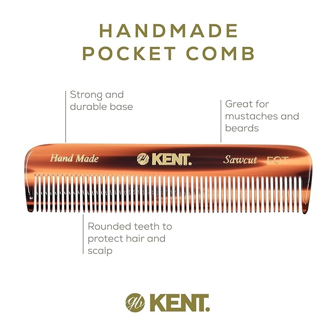Kent Mens Beard Kit, 81T Extra Small Beard Mustache Comb, Fot All Fine Tooth Pocket Comb and PF22 Oval Palm Hair Brush. Beard and Mustache Grooming Kit for Travel and Home Beard Care. Made in England