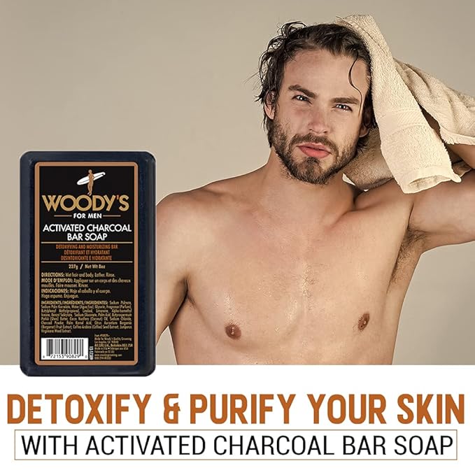 Woody's Activated Charcoal Soap Bar for Men - Detoxifying & Exfoliating Body & Face Wash with Coconut Oil & Bergamot, 8 oz