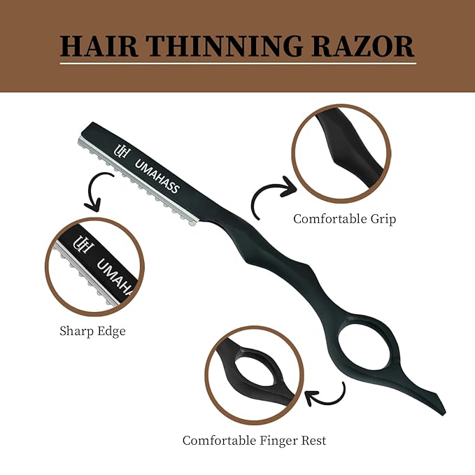 "UMAHASS Professional Hair Cutting Razor 6.5 Inch" Hair Styling Thinning Texturizing Cutting Razor with Replacement Hair Razor Blades 10 Pcs – Precision Barber Razor for Men & Women, Salon Use