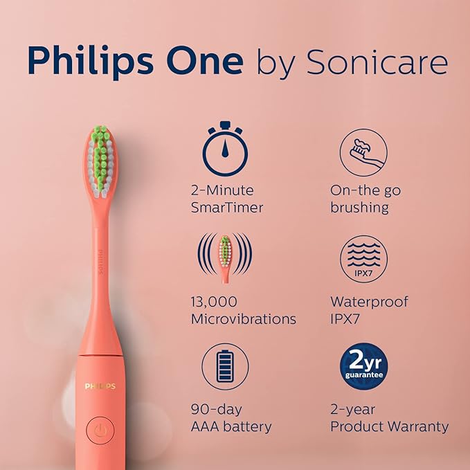 Philips One Electric Toothbrush by Sonicare HY1100/51 - Micro Vibrations, Soft bristles That Gently Polish and whiten teeths, 3 Month Battery Life, 2 Minute Timer and Quadpacer Red