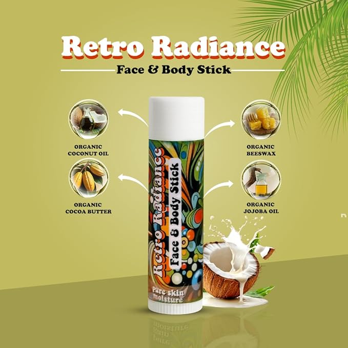 Retro Radiance Pure Skin Moisture Face and Body Stick,All Natural Organic Skincare,anti ageing,jojoba,coconut,coccoa butter,vegan,fragrance free,lips,tattoo,hands,heels,made in USA