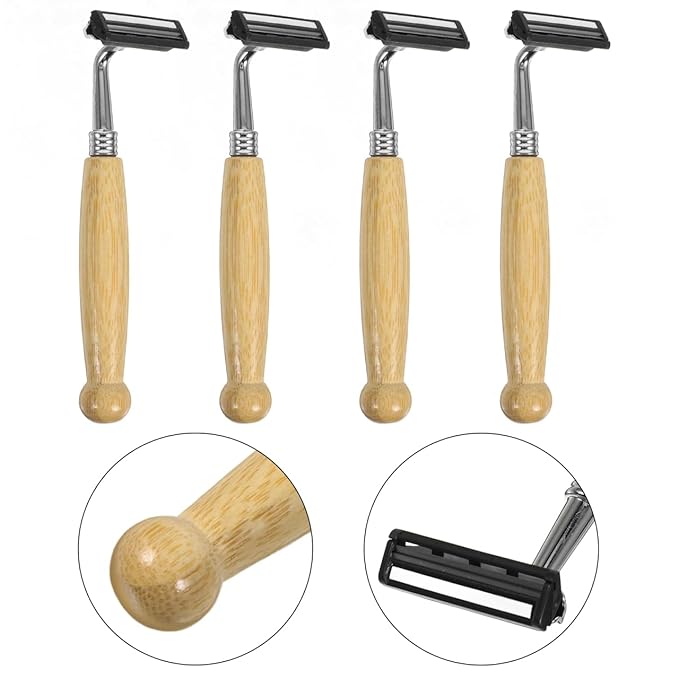 4Pcs Bamboo Single Blade Razors Double Edge Safety Razor Eco-Friendly Handmade Long Natural Bamboo Handle Stainless Steel Safety Shaving Men's Shaving Kit