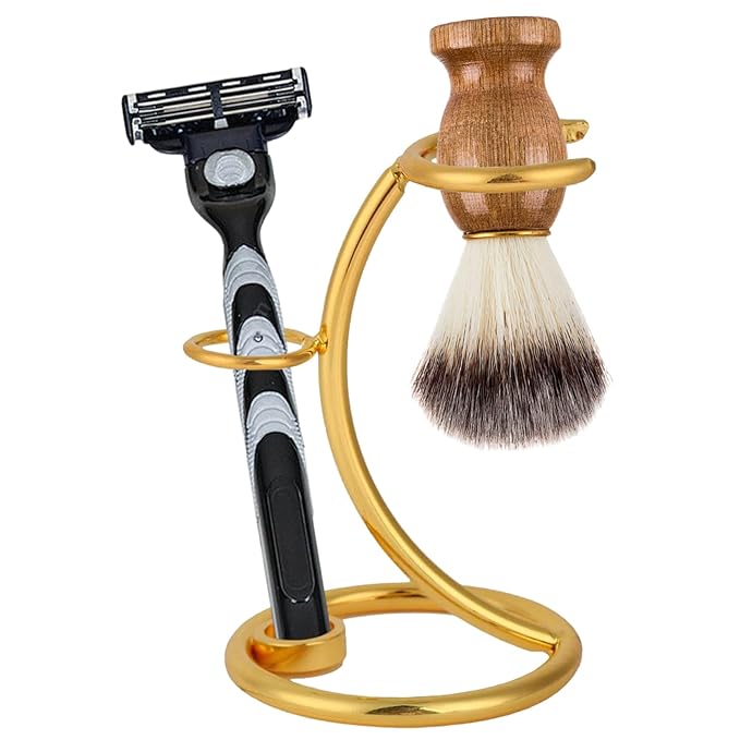 Safety Razors Stand with Brush Holder, Golden Heavy Duty Metal Shaving Brush Stand for Men, Extra Wide Openings, Fits Most Brushes and Razors Shaving