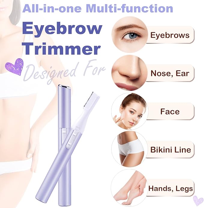 Electric Eyebrow Trimmer for Women, Facial Hair Razor Removal for Men, Mini Epilator for Bikini, Remover for Face, Chin, Peach Puzz, Lips, Body, Arms, Legs, Battery Operated (Purple)