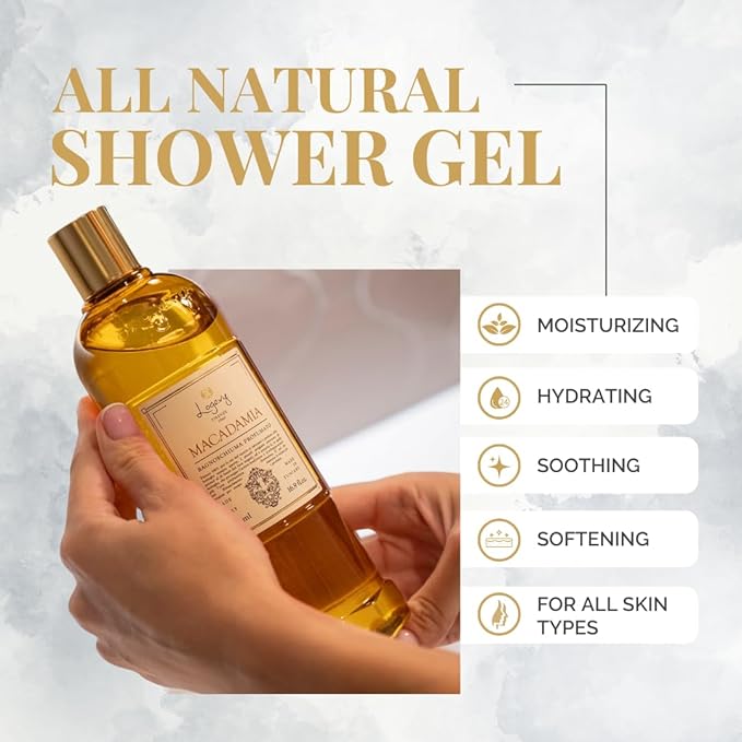 Logevy Macadamia Shower Gel – Indulgent Aroma Made from the Best Skin-Friendly Ingredients, Rich in Nutritional Properties for Rejuvenating, Hydrating, and Soothing Action – 500ml