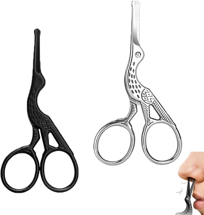 2 Pack Nose Hair Scissors with Bulb Tips Rounded Tip Facial Hair Small Grooming Scissors Vintage Stork Scissor Safety Scissor for Eyebrow Mustache Beard Eyelashes Face Hair Detail Trimming
