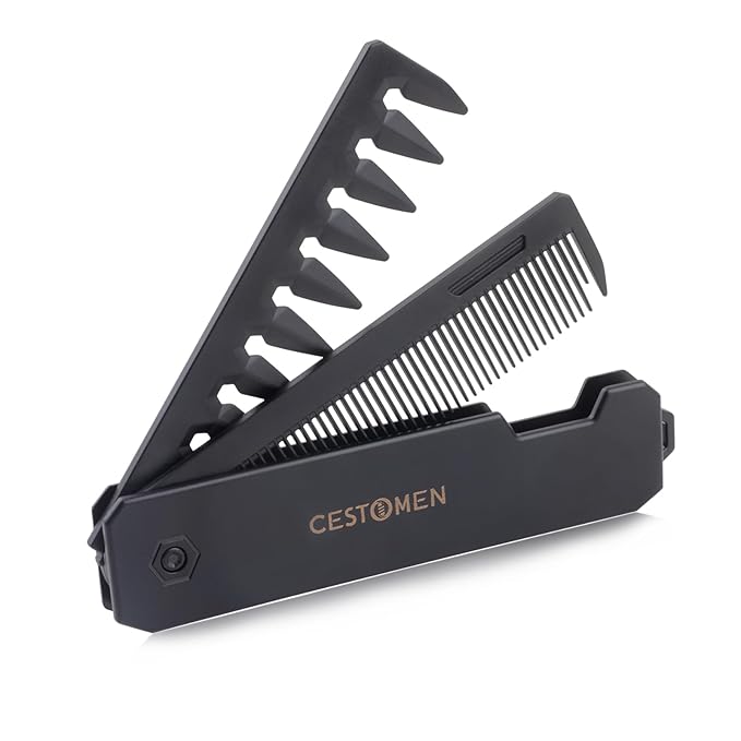 Protable Folding Pocket Comb for Men, 2 in 1 Hair Comb - Fine Tooth Comb, Styling for Everyday Grooming & Combing Hair, Beards and Mustaches (Black)
