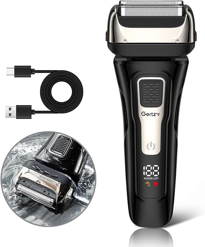 Gertzy Electric Shaver for Men Face, Men's Razor, Cordless Beard Foil Shavers with Pop Up Trimmer, Wet Dry Waterproof Rechargeable Type-C Charging, LED Display (Black)