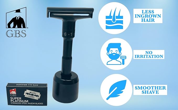 G.B.S Black Adjustable Men's Double Edge Safety Razor Bade, Stand and 10 G.B.S Platinum Blades Refills