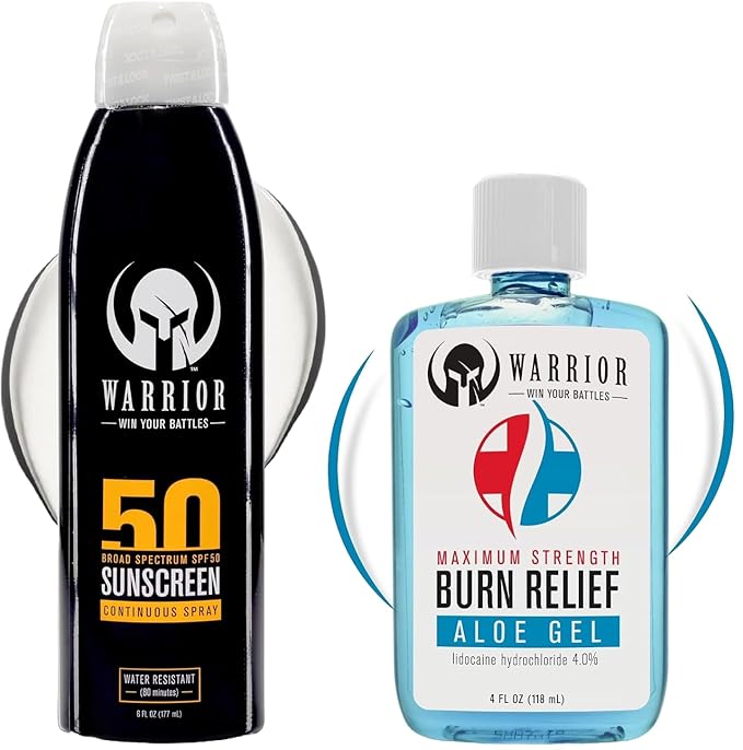 Warrior Sunscreen SPF 50 Continuous Spray - Water & Sweat Resistant Sunscreen Spray (6oz) - Burn Relief Gel for Skin – Made in USA Aloe with Aloe Vera Gel with Lidocaine 4% - Fragrance Free(4oz)
