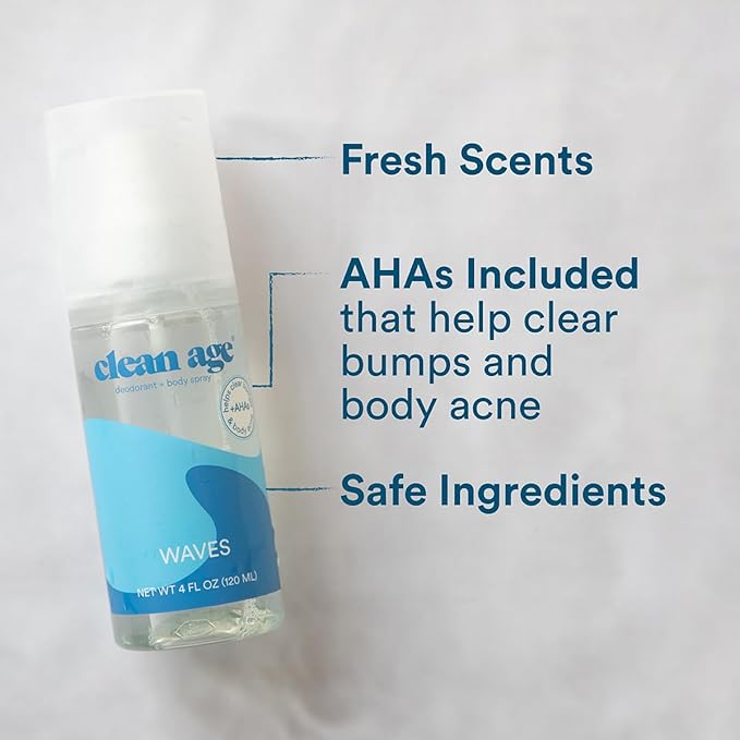 Aluminum Free Deodorant & Body Spray for Whole Body - Waves 4oz (2 Pack) Clean Deodorant and Body Spray for Teen Boys and Girls - With AHA For Body Acne - Body Spray for Teens Formula