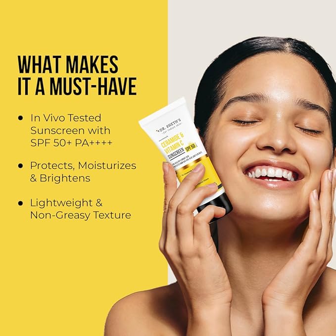 Dr. Sheth's Ceramide & Vitamin C Sunscreen | In-Vivo Tested | SPF 50+ Pa++++ | Healthy Glow | Non-Greasy, Quick-Absorbing | Women & Men | All Skin Types, 30G