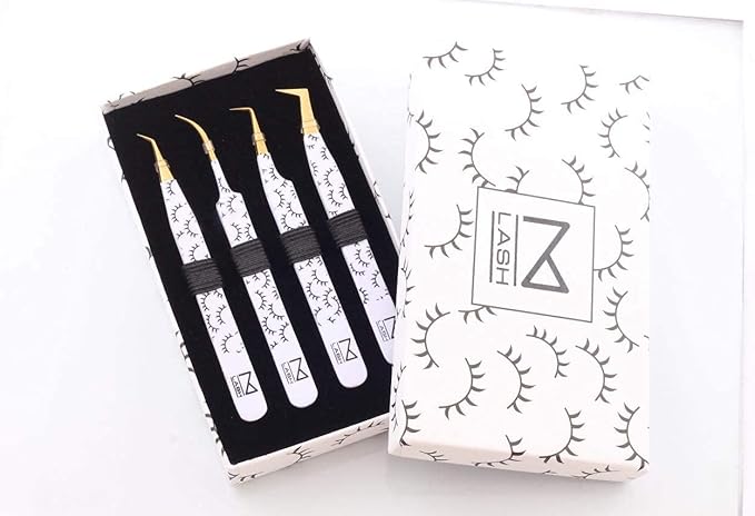 M LASH Tweezers for Eyelash Extensions (Set of 4) - Professional Lash Extension Tweezers - Fiber Tip, Japanese Steel, Diamond Grip Eyelash Extension Tweezer set (WL)