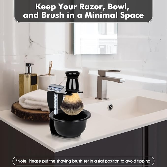 Mens Shaving Brush and Bowl Set, 3 in 1 Shaving Brush Set for Men with Shave Brush Bowl ABS Stand with Razor Slot, Perfect Father's Day Men Gift Set for Wet Shaving Experience - Black