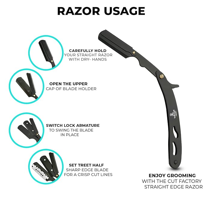 The Cut Factory® Straight Razor for Men Professional Barber Straight Edge Razor for Comfortable Smooth Shave. Gift Box Leather Pouch 20 Single Edge Blades. Our Blades Never Fall