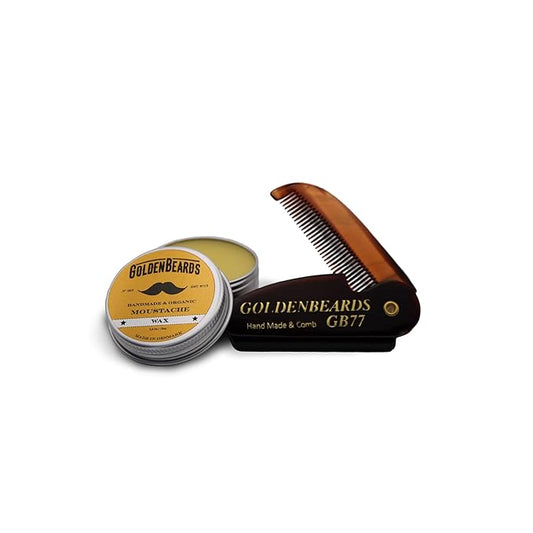Golden Beards Mustache Wax with GB-77 Folding Comb – Organic & Natural Styling Wax for Men – Strong Hold, Vegan, Cruelty-Free Grooming Kit
